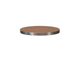 A 30 inch round, wood-look aluminum tabletop with a smooth brown finish and a metallic silver edge is shown against a plain white background. The outdoor table top appears to be floating, with no legs or supporting structures visible.