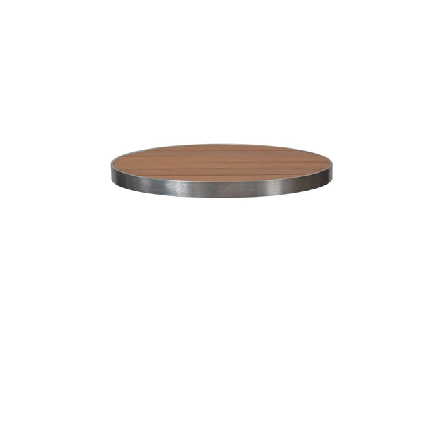 A 30 inch round, wood-look aluminum tabletop with a smooth brown finish and a metallic silver edge is shown against a plain white background. The outdoor table top appears to be floating, with no legs or supporting structures visible.