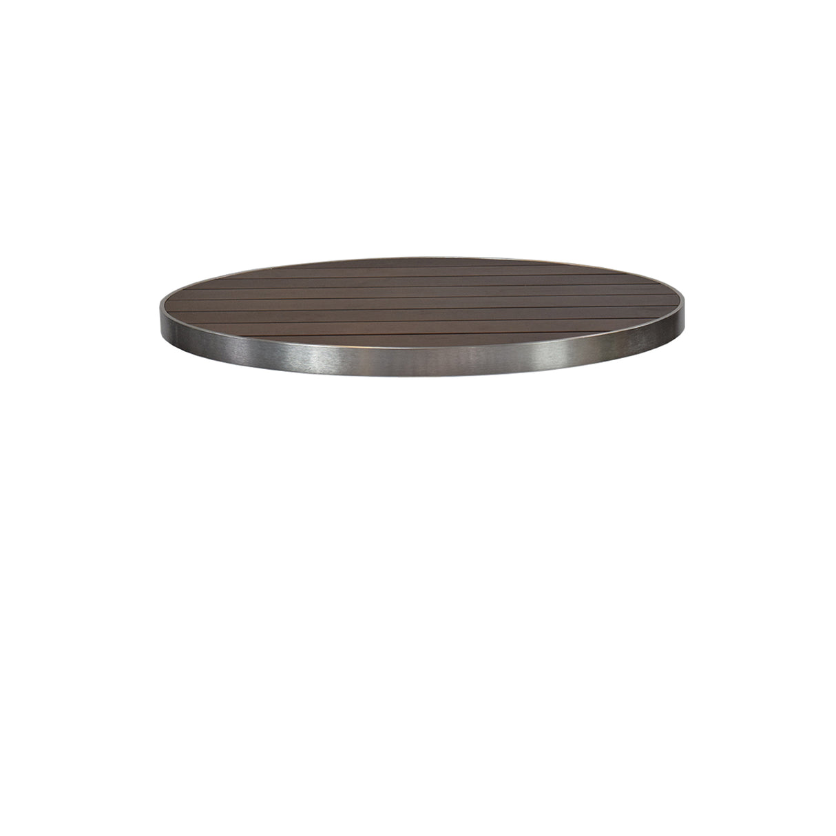 A round 35 inch, dark brown tabletop with a smooth, metal edge. The surface features subtle horizontal wood grain lines for a wood-look aluminum finish. Isolated on a white background, the outdoor table top appears to float.