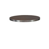 A round 35 inch, dark brown tabletop with a smooth, metal edge. The surface features subtle horizontal wood grain lines for a wood-look aluminum finish. Isolated on a white background, the outdoor table top appears to float.