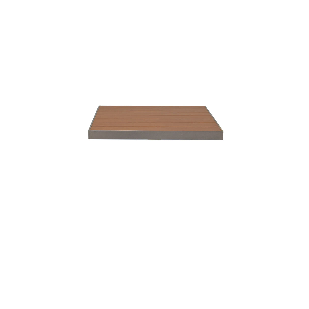 A modern, minimalist floating shelf with a smooth, wood-look aluminum surface and thin metallic edges, centered against a plain white background. Its design echoes the sleek style of an outdoor table top, with no visible supports or decorations.