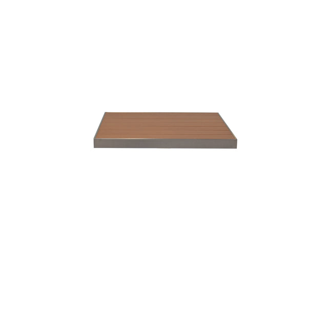 A modern, minimalist floating shelf with a smooth, wood-look aluminum surface and thin metallic edges, centered against a plain white background. Its design echoes the sleek style of an outdoor table top, with no visible supports or decorations.