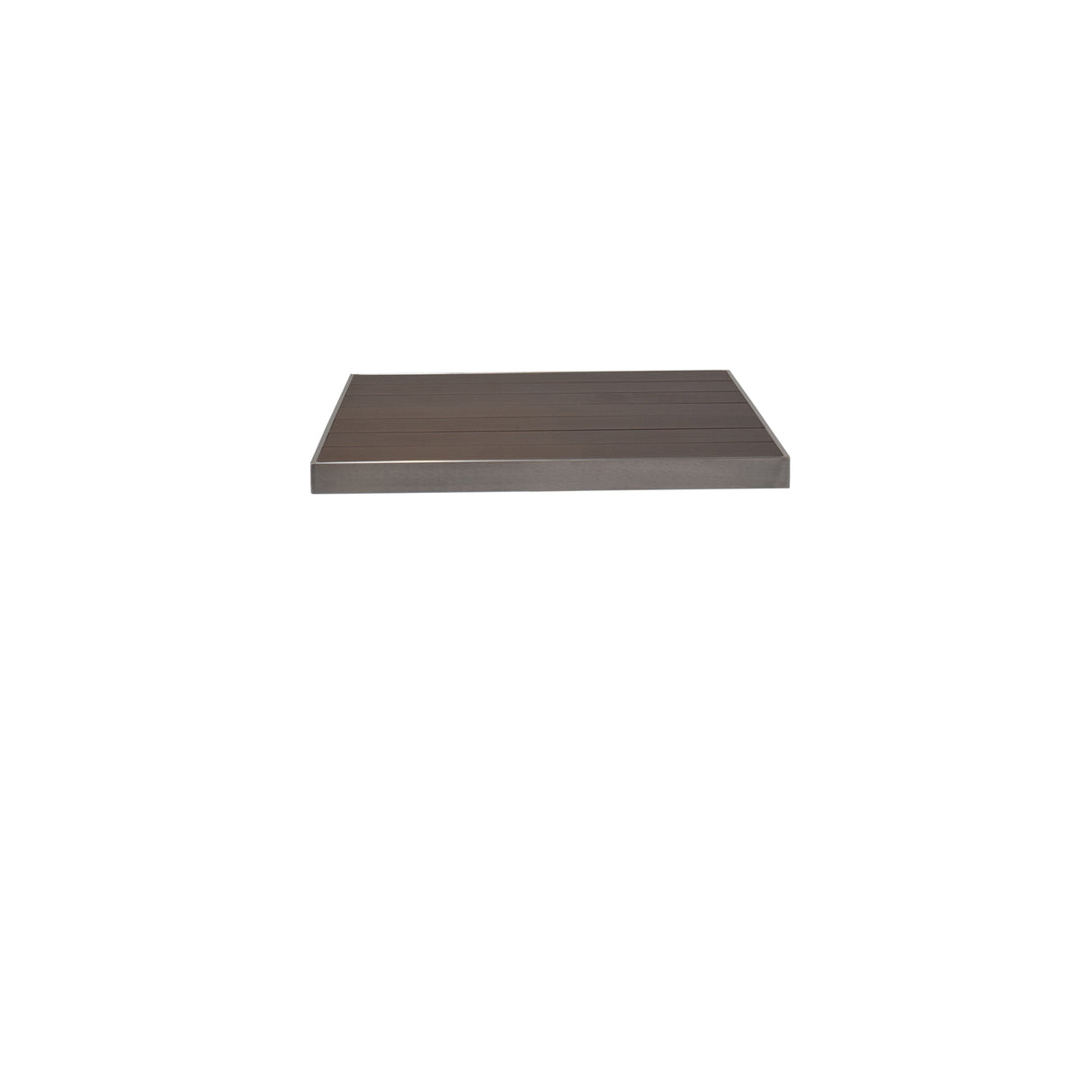 A single, rectangular, dark brown wood-look aluminum floating shelf is centered against a plain white background. The shelf appears to have a smooth, flat surface with clean edges and no visible brackets or supports.