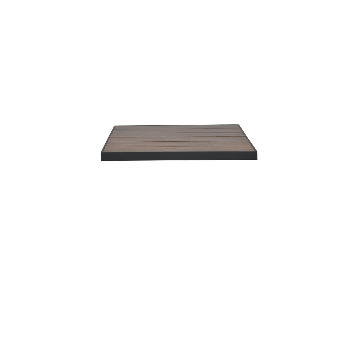 A rectangular wood-look aluminum surface with dark edges is centered against a plain white background. The surface, appearing to be an outdoor table top or shelf, is viewed from a low, straight-on angle.
