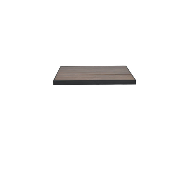 A rectangular wood-look aluminum surface with dark edges is centered against a plain white background. The surface, appearing to be an outdoor table top or shelf, is viewed from a low, straight-on angle.