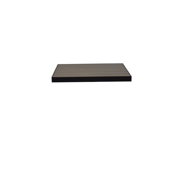A rectangular, flat, black floating shelf reminiscent of a Sid Table Top is centered on a plain white background. The smooth surface and slightly rounded edges feature horizontal grooves, evoking the look of wood-look aluminum used in outdoor tables.