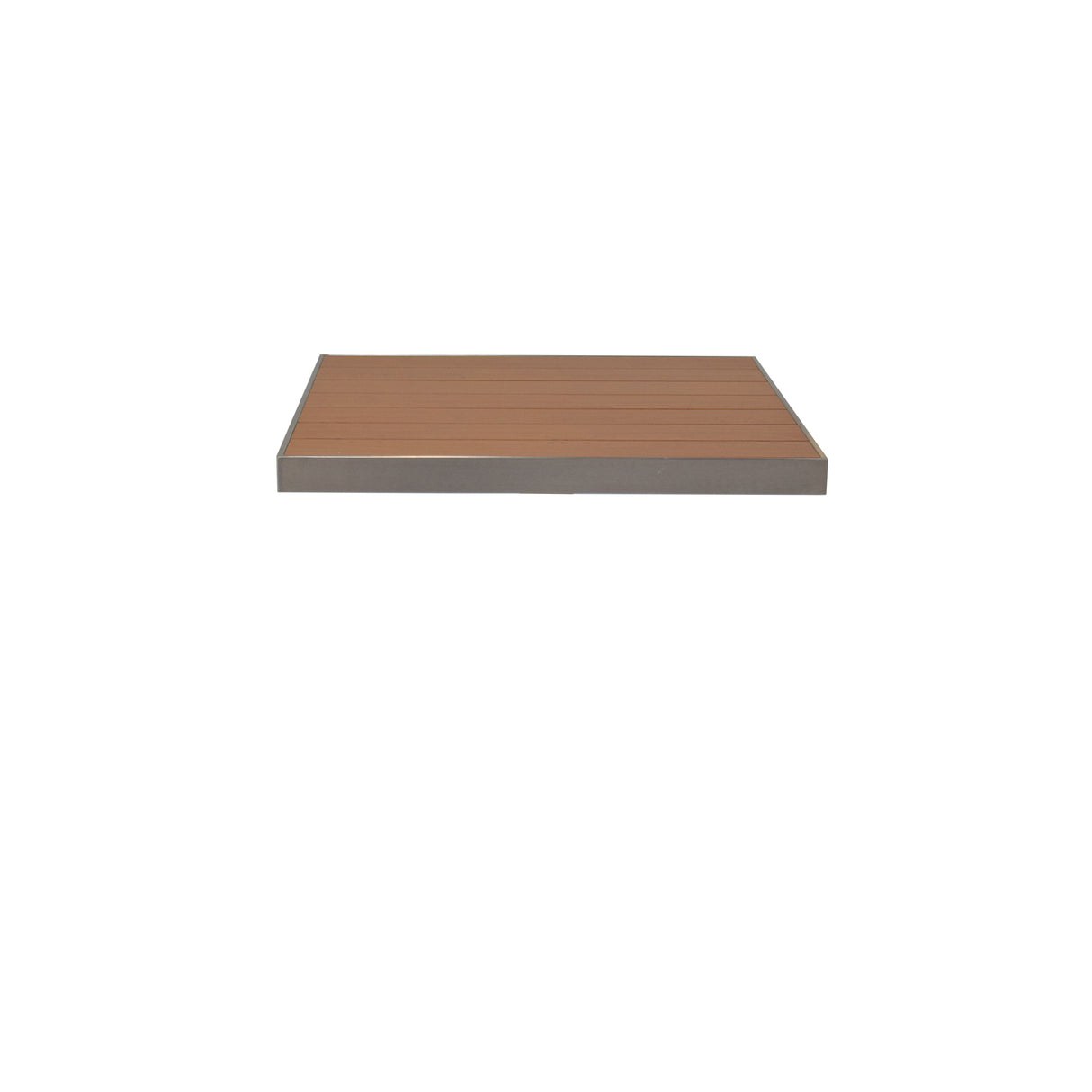 A rectangular shelf with a brown, wood-look aluminum surface and a thin gray metal frame, shown against a plain white background. The shelf appears to be floating and is photographed from a slightly elevated, front-facing angle.