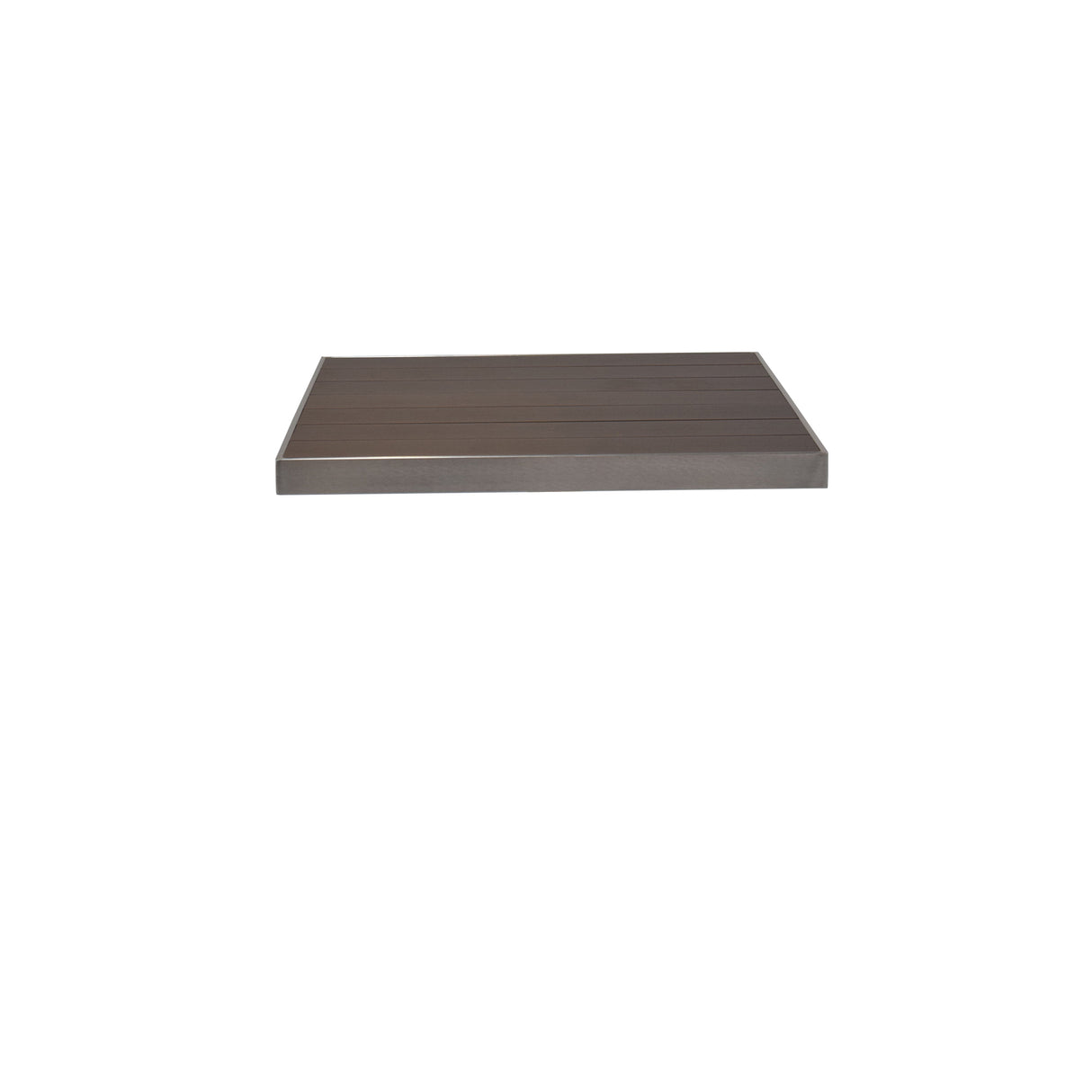 A single, dark brown, rectangular floating wall shelf made of wood-look aluminum by emuamericas is centered on a plain white background. The shelf has a smooth surface with subtle wood grain texture and no visible brackets or supports.