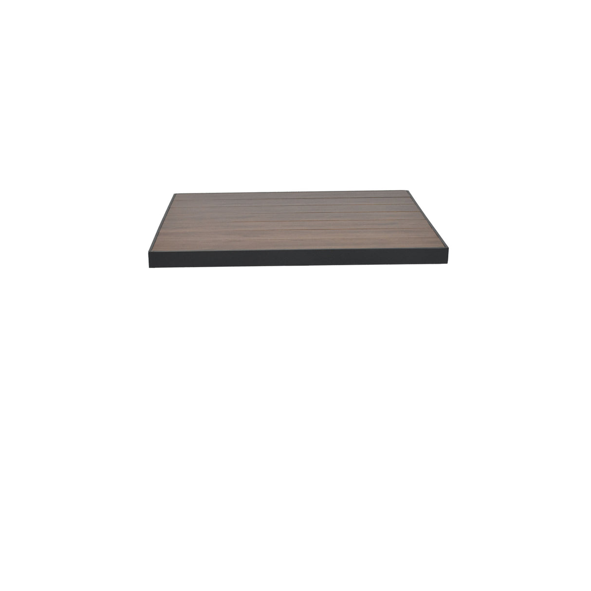 A rectangular, flat wood-look aluminum shelf with a dark, smooth finish and sharp edges is centered against a plain white background. The shelf, resembling an outdoor table top, appears empty and is viewed from a slightly low, straight-on angle.