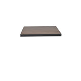 A rectangular, flat wood-look aluminum shelf with a dark, smooth finish and sharp edges is centered against a plain white background. The shelf, resembling an outdoor table top, appears empty and is viewed from a slightly low, straight-on angle.