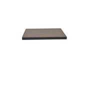 A rectangular, flat wood-look aluminum shelf with a dark, smooth finish and sharp edges is centered against a plain white background. The shelf, resembling an outdoor table top, appears empty and is viewed from a slightly low, straight-on angle.