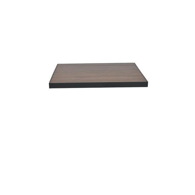 A rectangular, flat wood-look aluminum shelf with a dark, smooth finish and sharp edges is centered against a plain white background. The shelf, resembling an outdoor table top, appears empty and is viewed from a slightly low, straight-on angle.