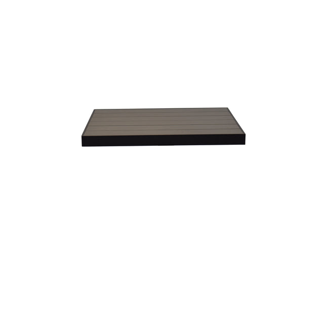 A single, rectangular, dark-colored floating shelf with a smooth, flat, wood-look aluminum surface and horizontal grooves, centered against a plain white background. The shelf appears minimalistic and modern in design.