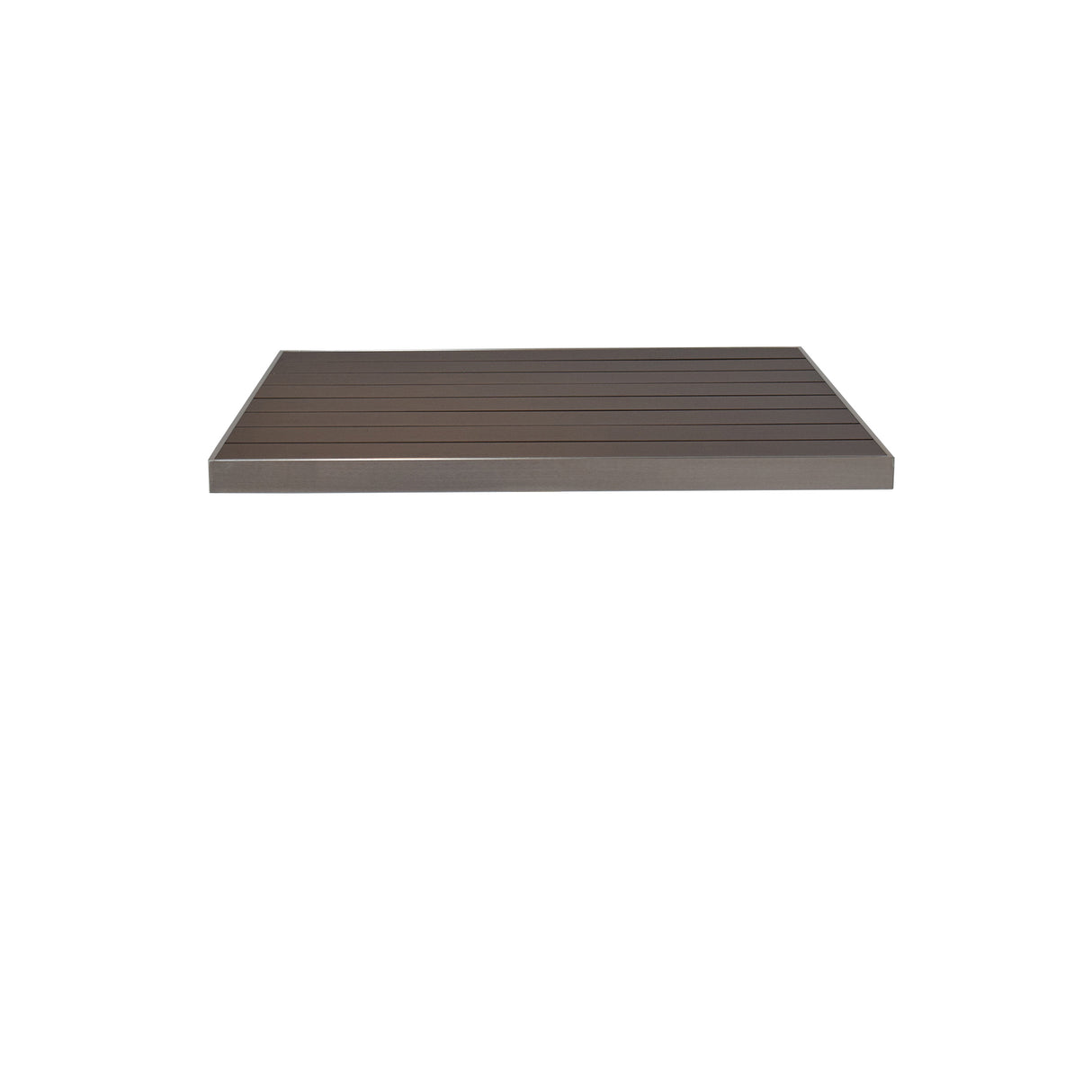 A rectangular, flat, dark brown Sid Table Top with a smooth finish and subtle horizontal grooves is shown against a plain white background. This wood-look aluminum shelf appears modern and minimalistic, designed to be wall-mounted.