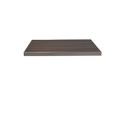 A rectangular, flat, dark brown Sid Table Top with a smooth finish and subtle horizontal grooves is shown against a plain white background. This wood-look aluminum shelf appears modern and minimalistic, designed to be wall-mounted.