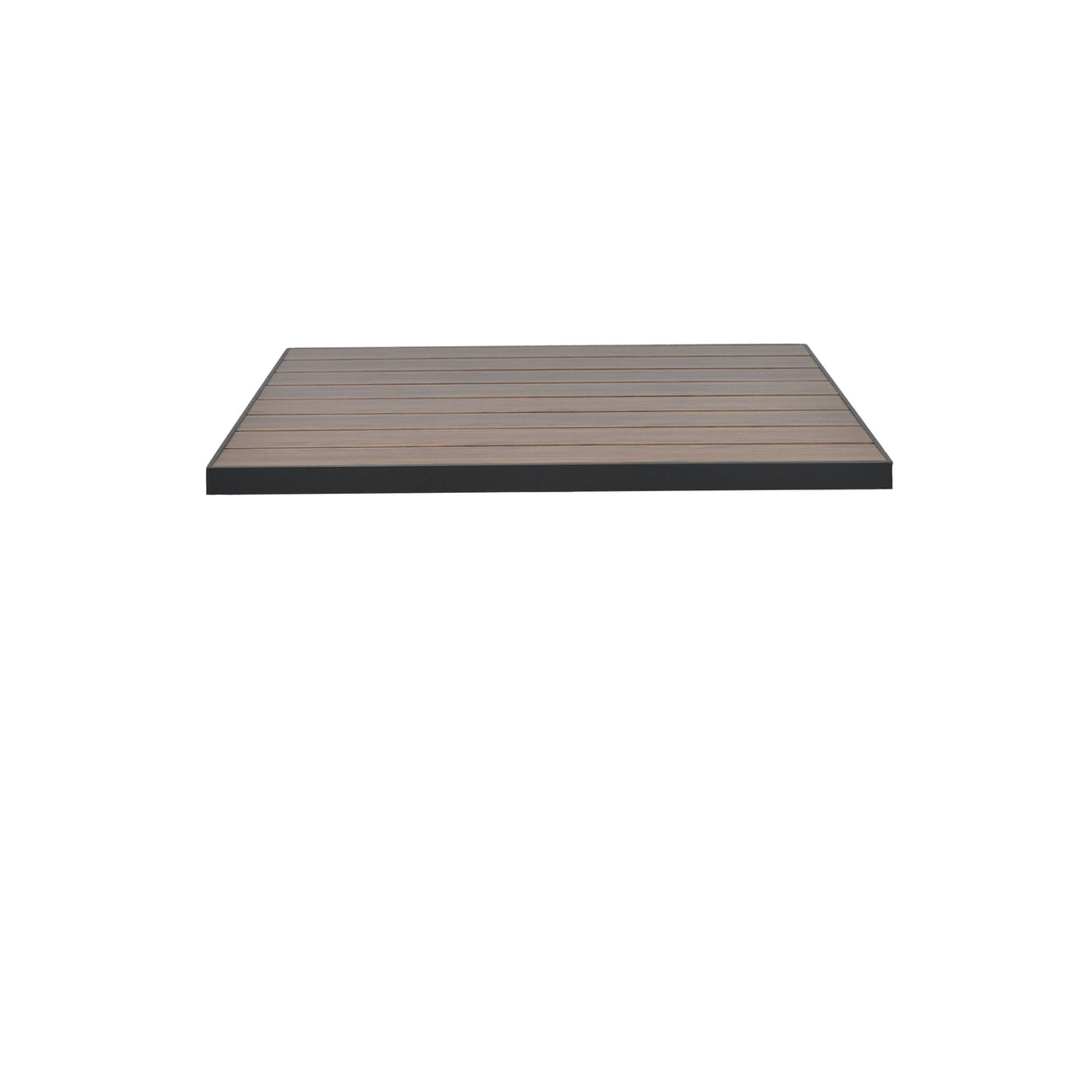 A rectangular wood-look aluminum outdoor table top with a dark frame and smooth, evenly spaced wooden slats appears to float against a plain white background. The surface design combines durability and sleek style for modern spaces.