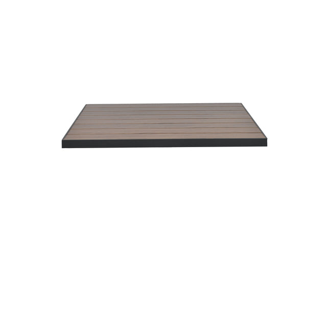 A rectangular wood-look aluminum outdoor table top with a dark frame and smooth, evenly spaced wooden slats appears to float against a plain white background. The surface design combines durability and sleek style for modern spaces.