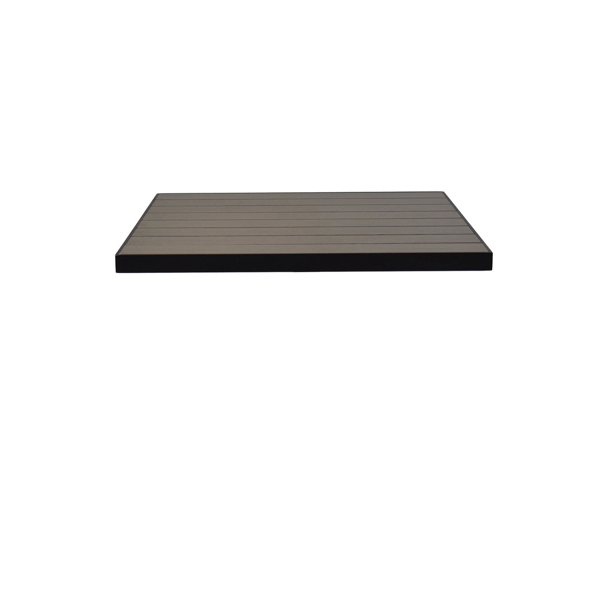 A rectangular, flat, dark-colored outdoor table top with evenly spaced parallel grooves and wood-look aluminum slats is centered on a plain white background. The platform appears to be made of sturdy composite material.
