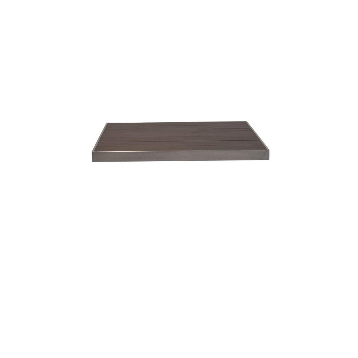A single, rectangular floating shelf with a dark wood grain finish, reminiscent of a wood-look aluminum outdoor table top, is centered on a plain white background. The clean-edged shelf measures approximately 26 x 30 inches with no visible brackets or supports.