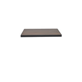 A rectangular, flat wooden shelf with a dark wood-look aluminum frame is centered against a plain white background. The shelf has horizontal wood grain patterns and a minimalist, modern design.