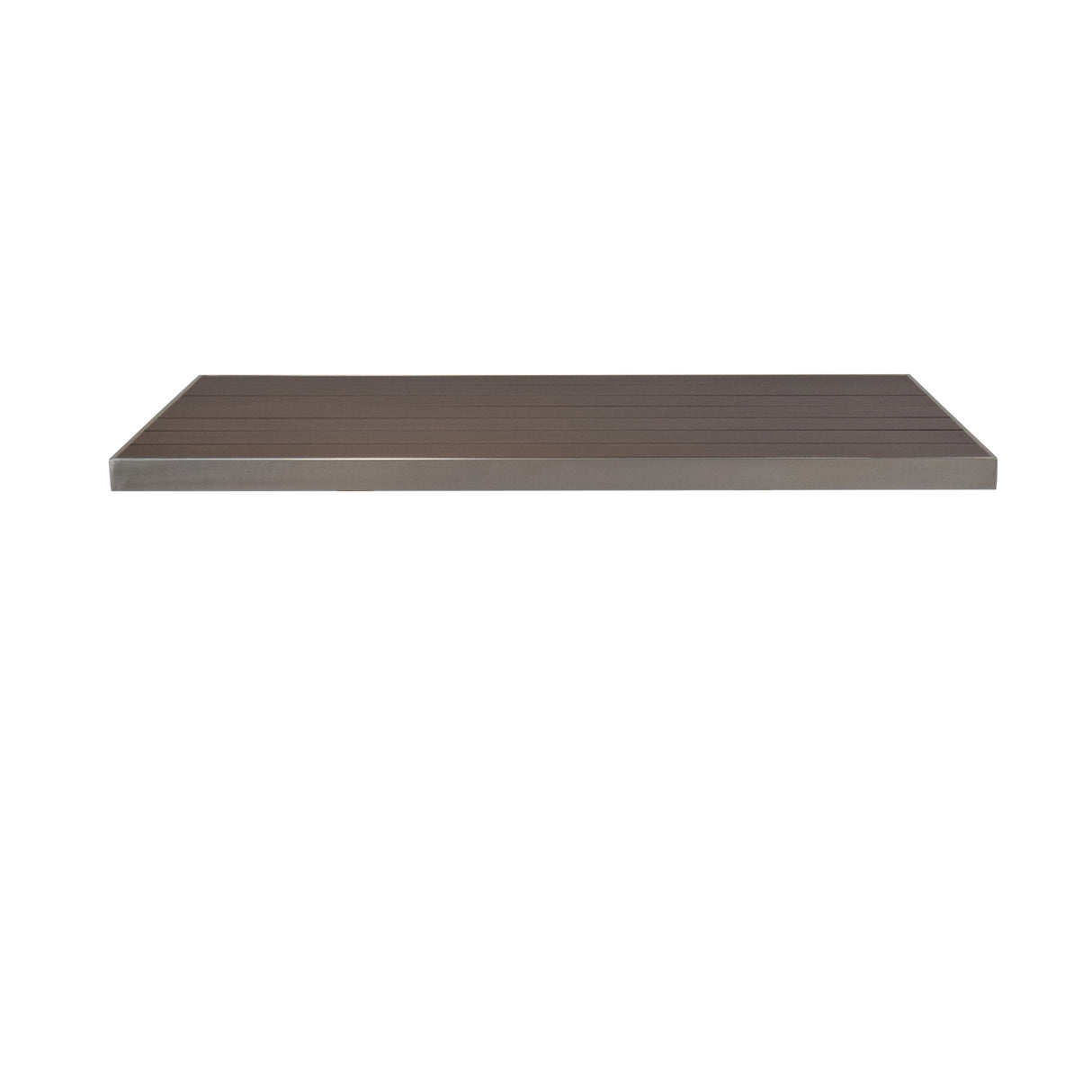 A floating wall shelf with a smooth, dark wood finish and clean, straight edges, shown against a plain white background. Featuring emuamericas wood-look aluminum slats, the modern rectangular shelf brings the feel of an outdoor table top indoors.