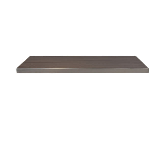 A floating wall shelf with a smooth, dark wood finish and clean, straight edges, shown against a plain white background. Featuring emuamericas wood-look aluminum slats, the modern rectangular shelf brings the feel of an outdoor table top indoors.