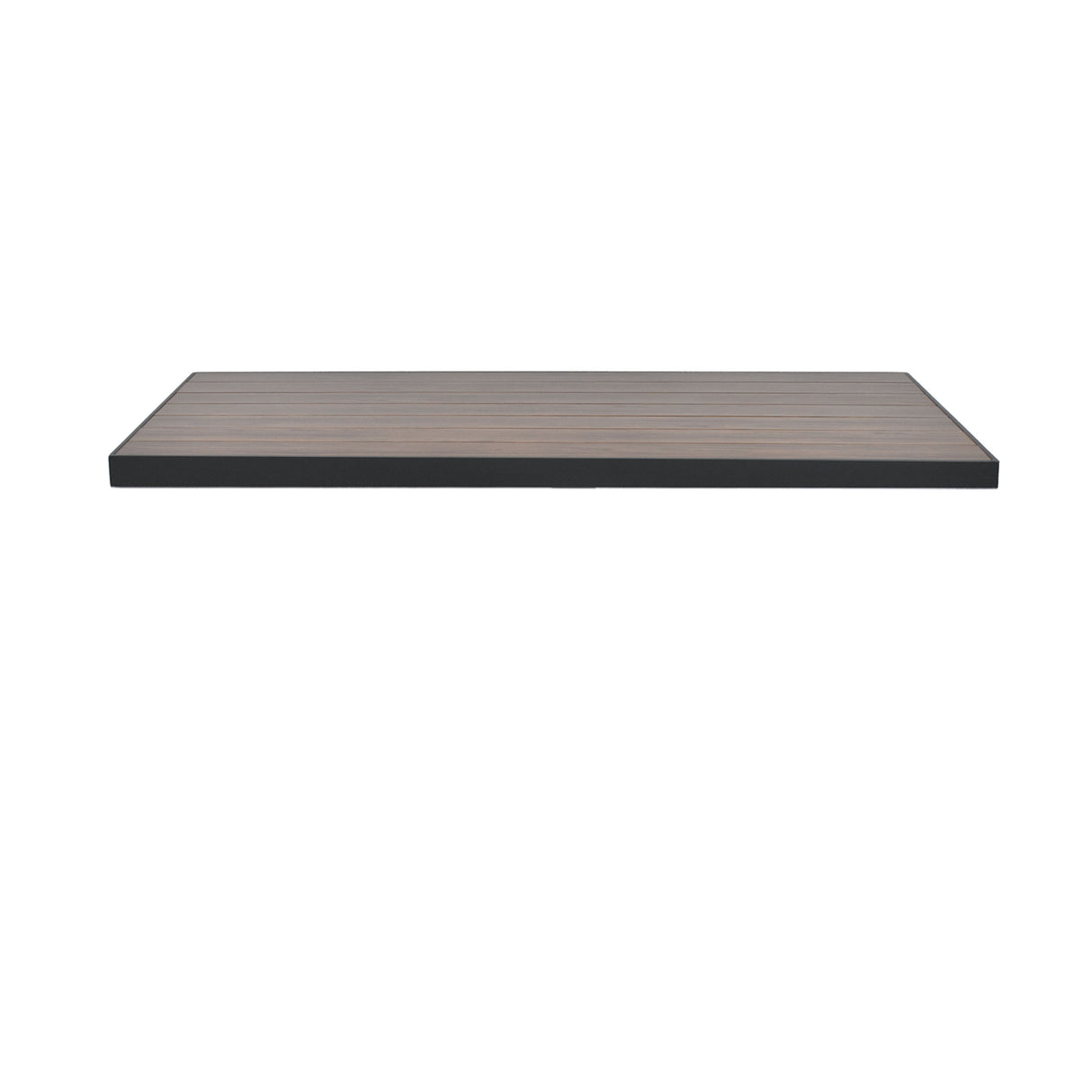 A rectangular, flat wooden shelf with a dark edge and a light brown wood grain surface, resembling a wood-look aluminum outdoor table top, is displayed against a plain white background from a slightly elevated front angle.