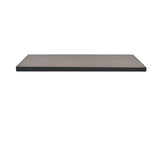 A rectangular, flat wooden shelf with a dark edge and a light brown wood grain surface, resembling a wood-look aluminum outdoor table top, is displayed against a plain white background from a slightly elevated front angle.