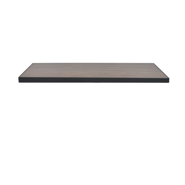A rectangular, flat wooden shelf with a dark edge and a light brown wood grain surface, resembling a wood-look aluminum outdoor table top, is displayed against a plain white background from a slightly elevated front angle.