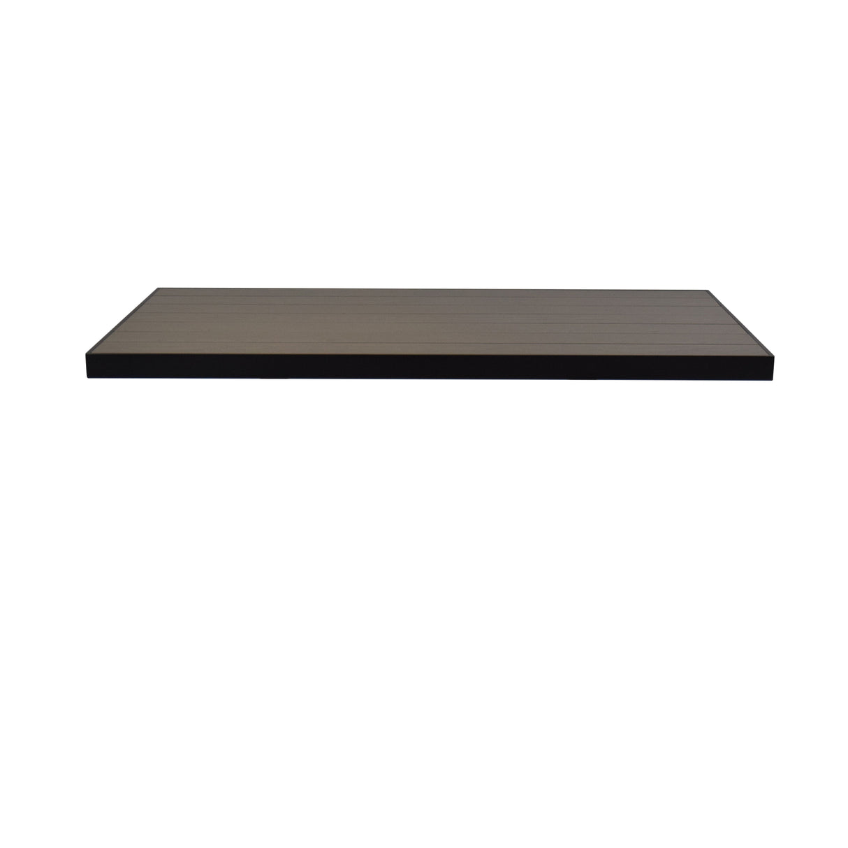 A single, rectangular wood-look aluminum floating shelf is isolated against a plain white background. The shelf has a smooth, flat surface with clean edges and a thin, minimalist design, reminiscent of a rectangle 48 x 30 outdoor table top.