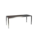 A modern rectangular Sid Community Dining Table with a dark, slatted top and four straight, metallic legs. The minimalist, functional design makes this aluminum dining table perfect for outdoor settings. Photographed against a plain white background.