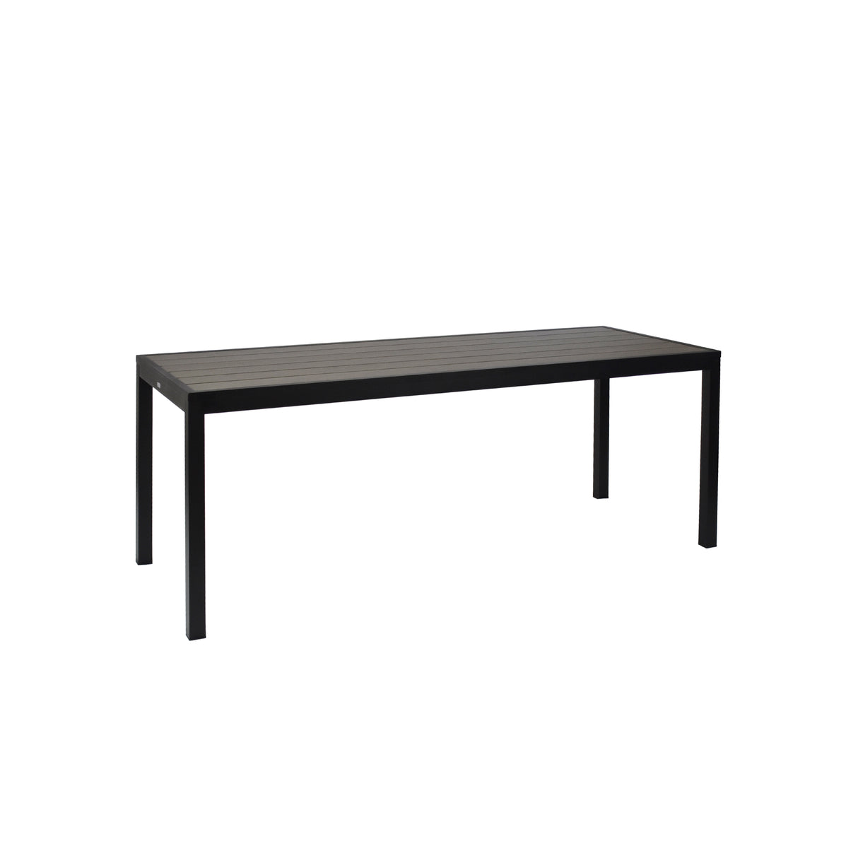 A rectangular black aluminum dining table with a simple, modern design. The tabletop features a slatted pattern and four straight legs. Set against a plain white background, this indoor outdoor dining table is the main focus of the image.