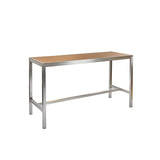 Rectangular bar height community table with a light brown wooden top and a simple, modern silver metal frame. This outdoor indoor table features straight legs and a horizontal support bar for a minimalist, industrial look against a plain white background.