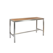 Rectangular bar height community table with a light brown wooden top and a simple, modern silver metal frame. This outdoor indoor table features straight legs and a horizontal support bar for a minimalist, industrial look against a plain white background.