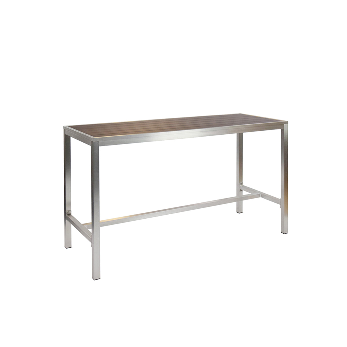 A rectangular wood-look aluminum table with a metal frame and four straight legs. Its simple, modern design is minimalist and versatile, making it suitable as an outdoor indoor table for use as a desk, dining, or community space.