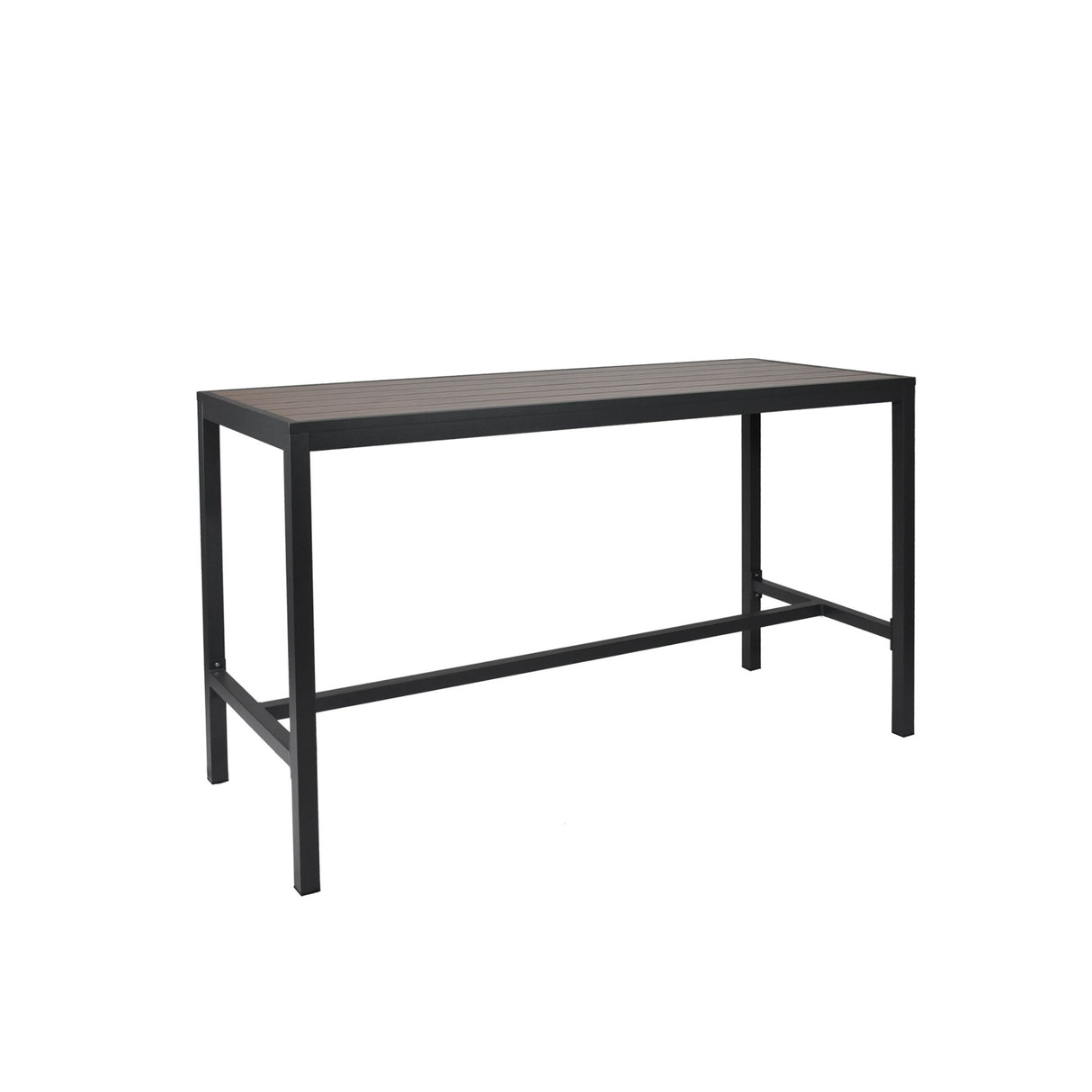 A rectangular black bar height table with a minimalist design, featuring a smooth, unadorned surface and four straight legs. The frame appears metal, ideal as an outdoor indoor table, with horizontal support bars for added stability.