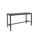 A rectangular black bar height table with a minimalist design, featuring a smooth, unadorned surface and four straight legs. The frame appears metal, ideal as an outdoor indoor table, with horizontal support bars for added stability.