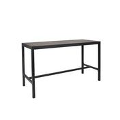 A rectangular black bar height table with a minimalist design, featuring a smooth, unadorned surface and four straight legs. The frame appears metal, ideal as an outdoor indoor table, with horizontal support bars for added stability.