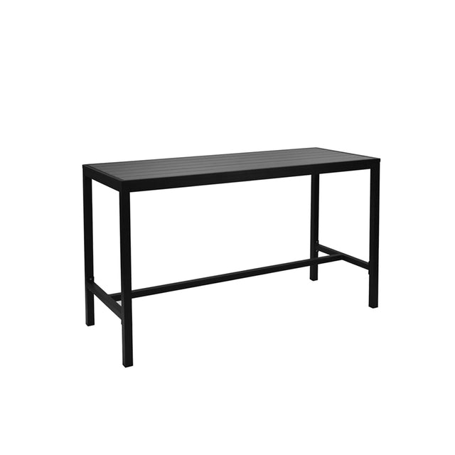 A simple, rectangular black bar height table with a minimalist design and an aluminum top. Four straight legs are supported by horizontal bars near the base. Suitable as an outdoor indoor table. The background is plain white.