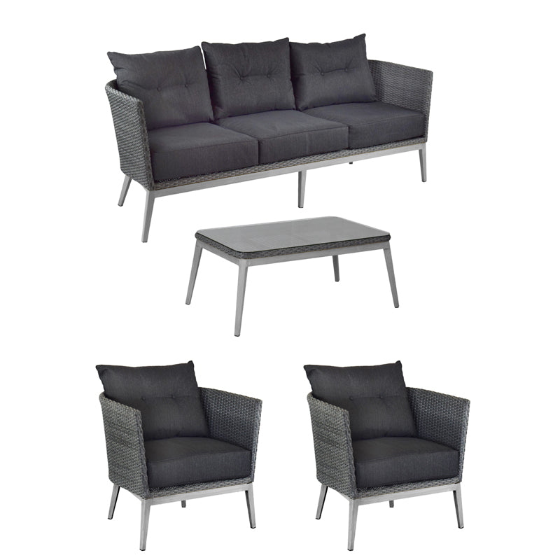 The Elly Lounge set is a four-piece outdoor lounge furniture collection featuring all-weather wicker frames, dark gray cushions, and a sleek coffee table with a gray frame and smooth, dark tabletop.
