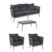 The Elly Lounge set is a four-piece outdoor lounge furniture collection featuring all-weather wicker frames, dark gray cushions, and a sleek coffee table with a gray frame and smooth, dark tabletop.