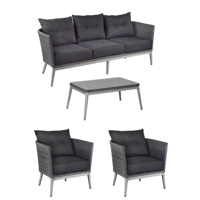 The Elly Lounge set is a four-piece outdoor lounge furniture collection featuring all-weather wicker frames, dark gray cushions, and a sleek coffee table with a gray frame and smooth, dark tabletop.