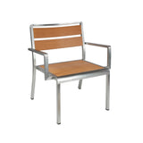 A modern Sid Stacking Arm Chair with a silver metal frame and light wood slats on the seat and backrest. This versatile indoor outdoor chair features straight armrests and legs, combining metal and wood for a sleek, contemporary look against a plain white background.