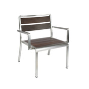 A modern stacking arm chair with a silver metal frame, straight legs, and armrests. The seat and backrest have two wide, horizontal dark wood slats for a sleek look. This indoor outdoor chair is sturdy and stylish for any space.
