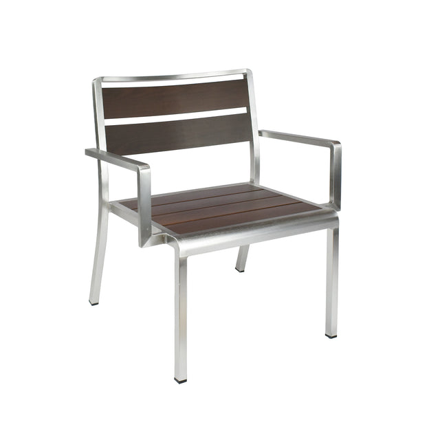 A modern stacking arm chair with a silver metal frame, straight legs, and armrests. The seat and backrest have two wide, horizontal dark wood slats for a sleek look. This indoor outdoor chair is sturdy and stylish for any space.