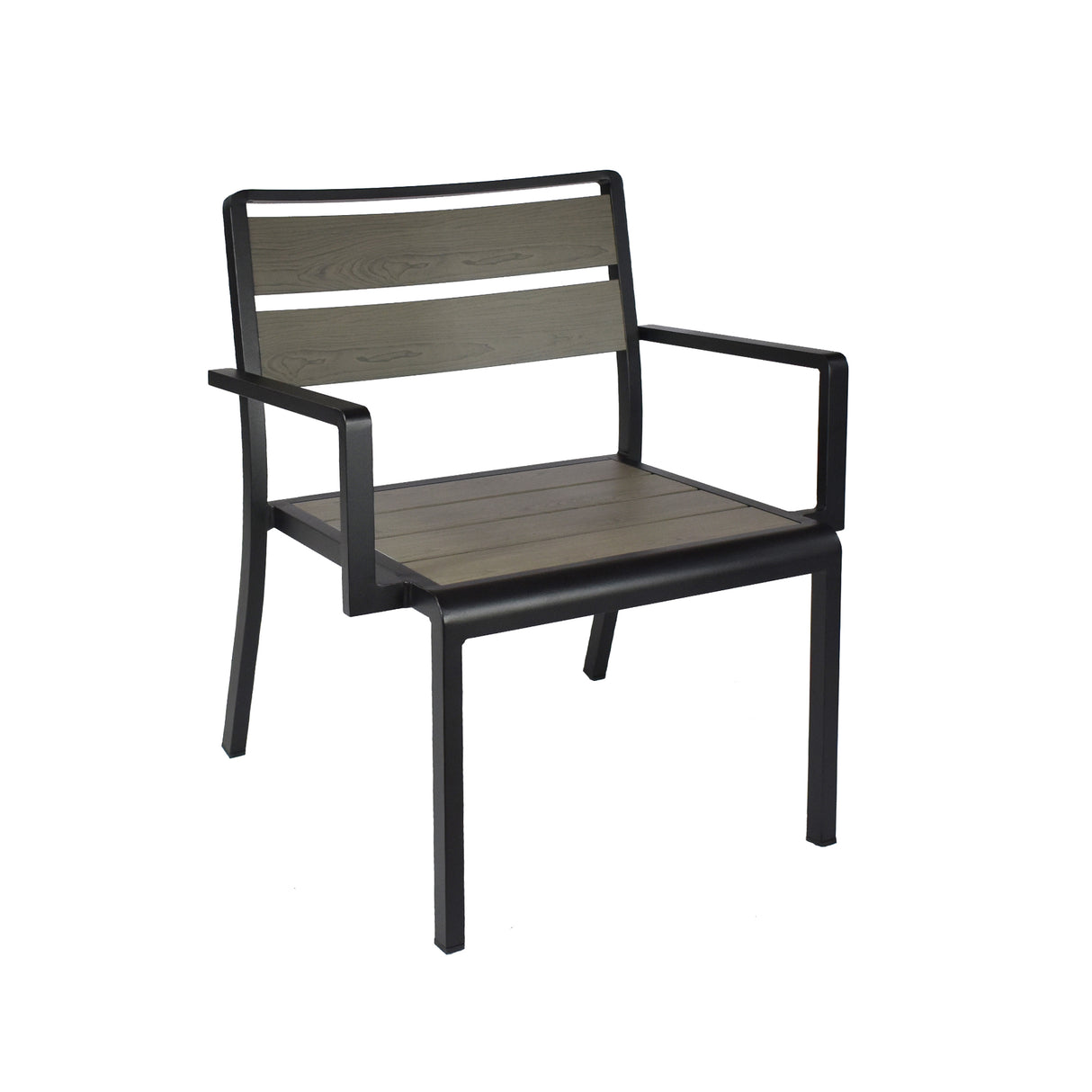The Sid Stacking Arm Chair features a black metal frame and armrests, with wood-look aluminum slats in dark brown. Perfect for indoor/outdoor use, its minimalist, sturdy design includes four straight legs and a slightly reclined back.