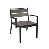 The Sid Stacking Arm Chair features a black metal frame and armrests, with wood-look aluminum slats in dark brown. Perfect for indoor/outdoor use, its minimalist, sturdy design includes four straight legs and a slightly reclined back.