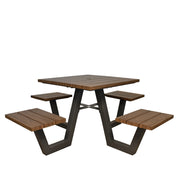 A modern Sid Cluster Table with a metal frame and four attached wooden benches, one on each side. The benches and tabletop have a slatted design. Angled legs add to its contemporary look, making it ideal as an outdoor indoor table. Plain white background.