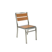 A modern stacking side chair with a silver metal frame and light brown wooden slats on the seat and backrest, placed on a white background. The simple, functional design features straight legs and a rectangular backrest, ideal as an indoor outdoor chair.