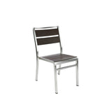 A modern wood-look aluminum chair with a sleek metal frame and straight legs. The dark brown slats and silver finish make it perfect as an indoor outdoor chair. Positioned on a white background, it faces slightly to the left.